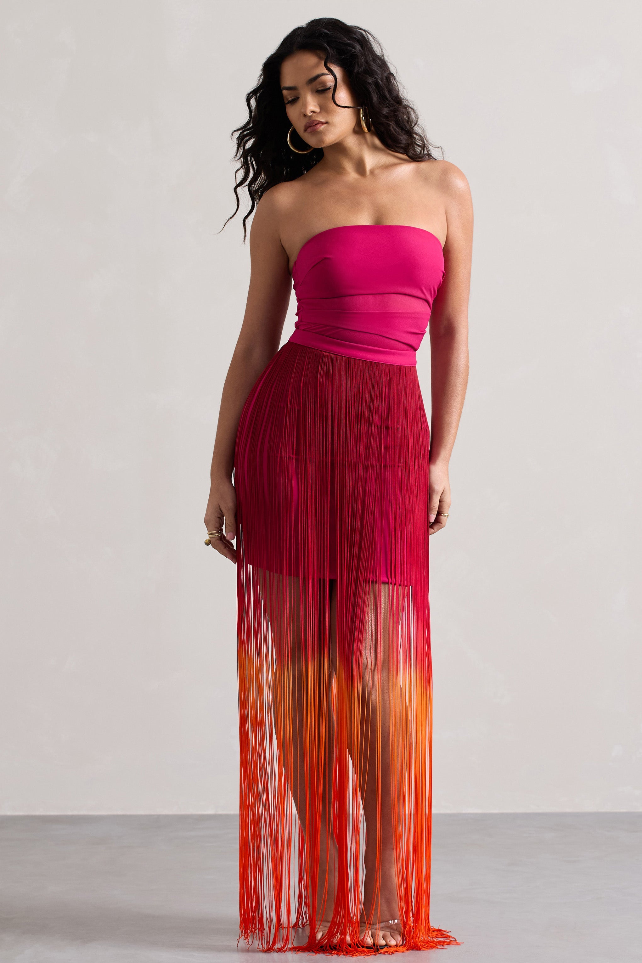 Sherbet | Pink & Orange Ombre Fringe Maxi Skirt