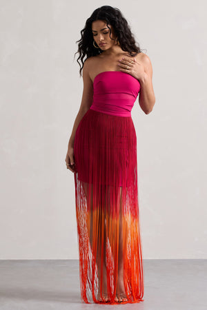 Sherbet | Pink & Orange Ombre Fringe Maxi Skirt