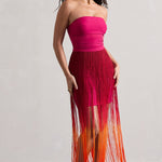 Sherbet | Pink & Orange Ombre Fringe Maxi Skirt