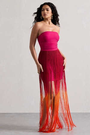 Sherbet | Pink & Orange Ombre Fringe Maxi Skirt
