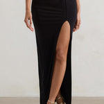 Tender Kiss | Black High Waist Thigh Split Maxi Skirt