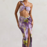 Tender Kiss | Lilac Print Knot Split Maxi Skirt