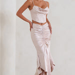 Per Favore | Champagne Satin Ruched Split Maxi Skirt