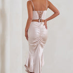 Per Favore | Champagne Satin Ruched Split Maxi Skirt