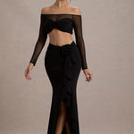 Kavi | Black Ruched Split Maxi Skirt