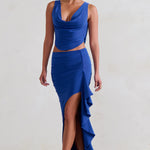 La Belle | Blue Ruffle Maxi Skirt With Thigh Split
